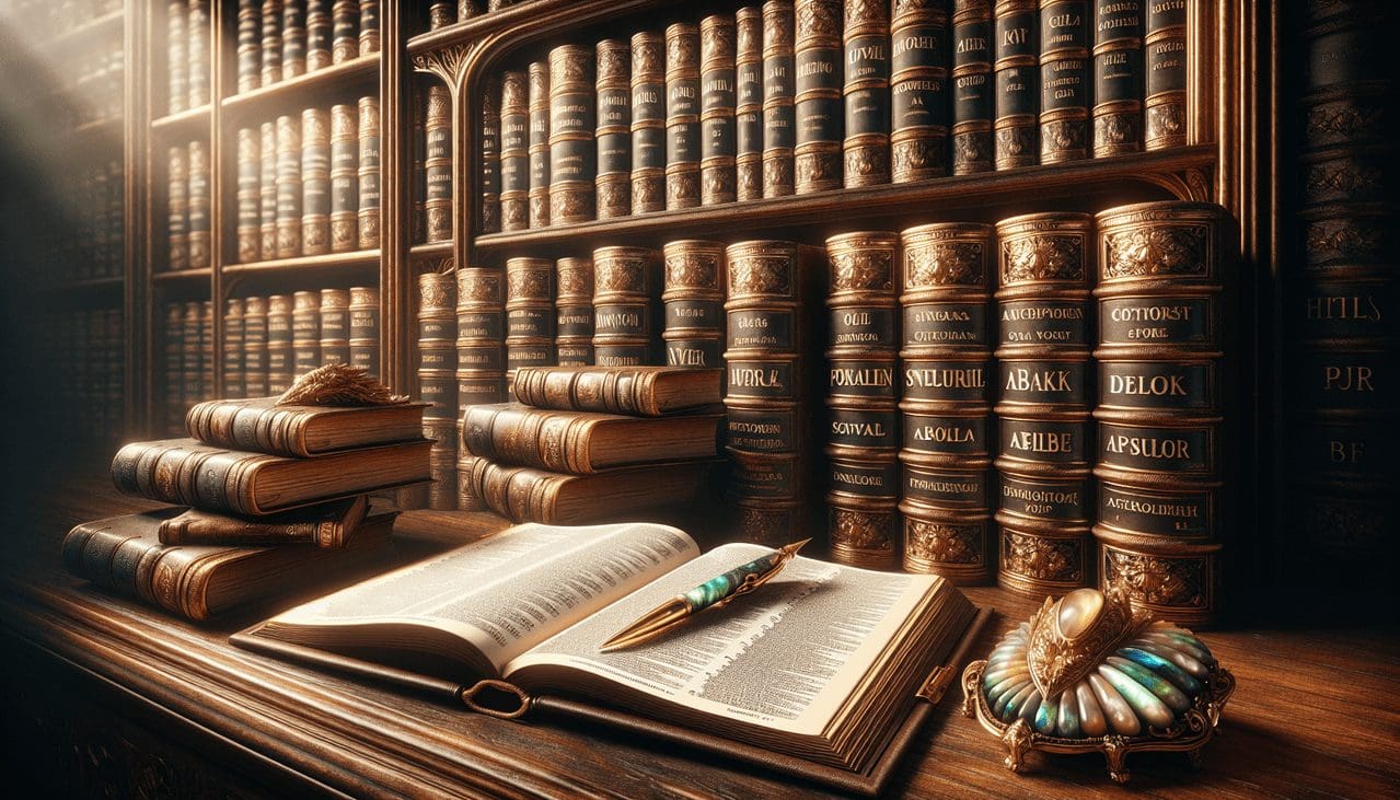 Adjectif en A dans une bibliothèque ancienne avec des livres anciens et une page de dictionnaire ouverte.