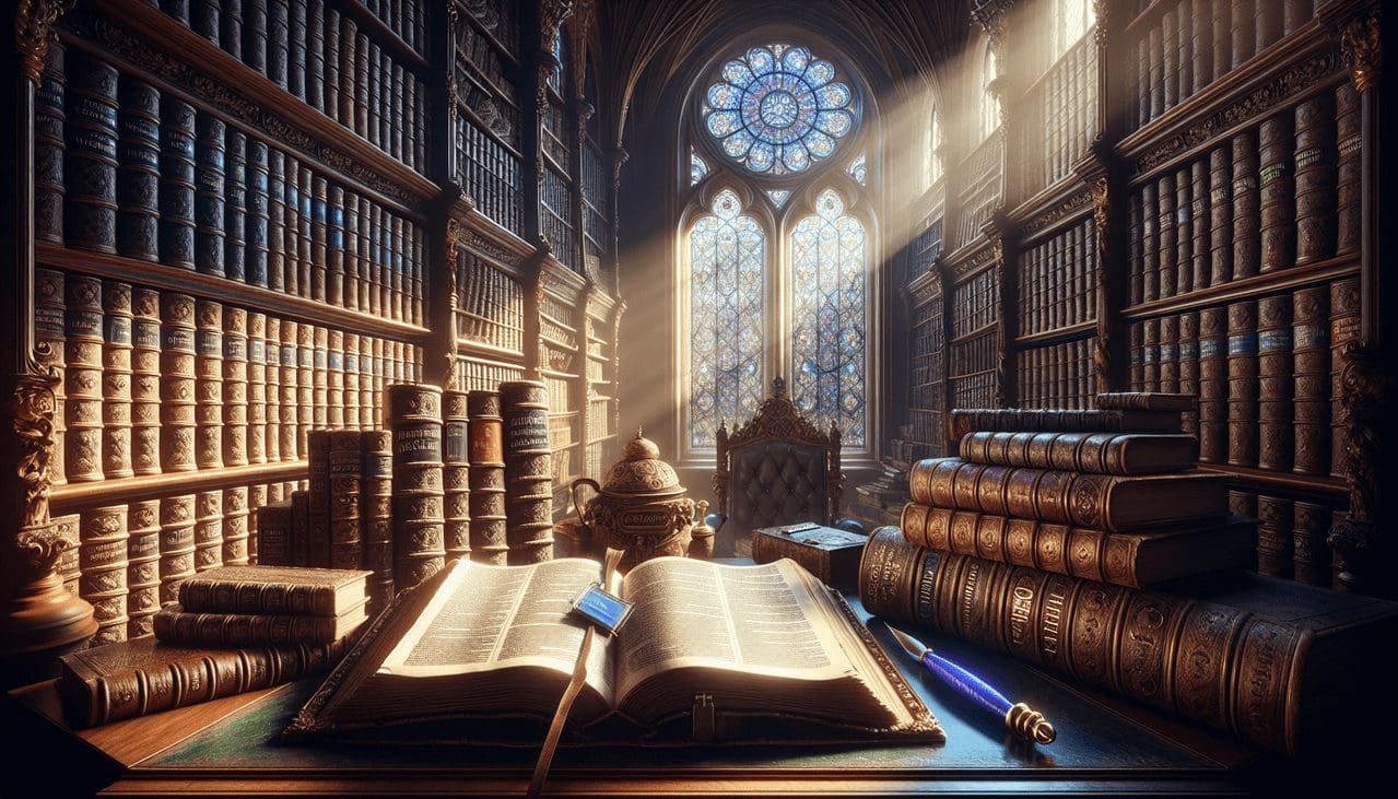 Adjectives beginning with B in a luxurious library setting.