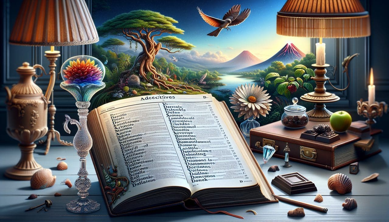 Illustration d'adjectifs en D: dictionnaire ouvert sur "D" entouré d'objets délicats, durables, délicieux, éclatants, dormants et dans l'aube.