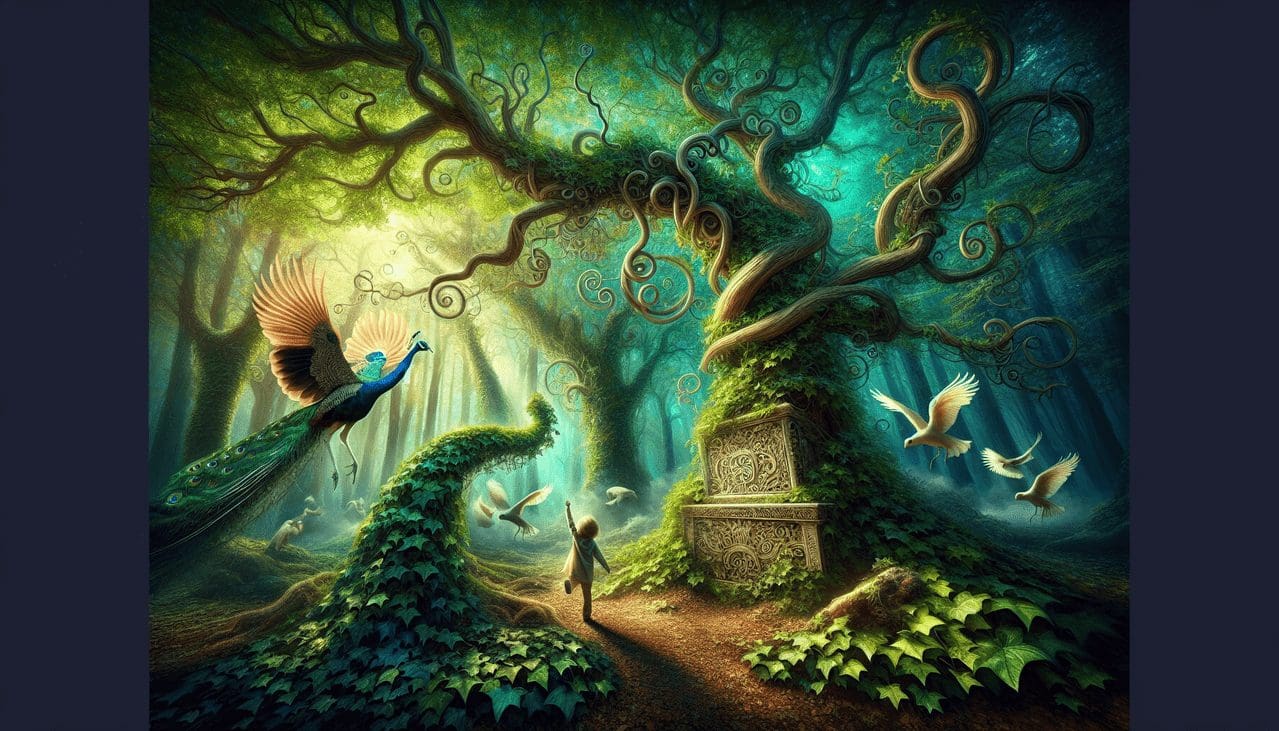 Adjectif en E: Forêt enchantée avec feuillage détaillé, paon eloquent, lierre élégant en émeraude.