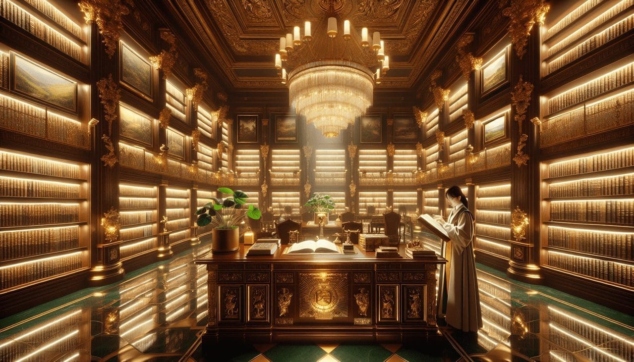 Adjectif en G dans une luxueuse bibliothèque dorée avec un éclairage glamour.