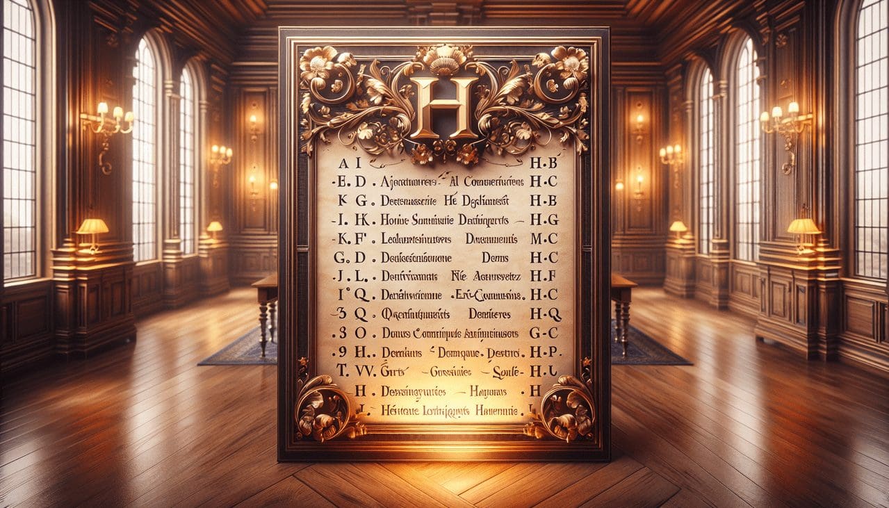 Adjectifs en H calligraphiés sur parchemin dans une bibliothèque chaleureuse.