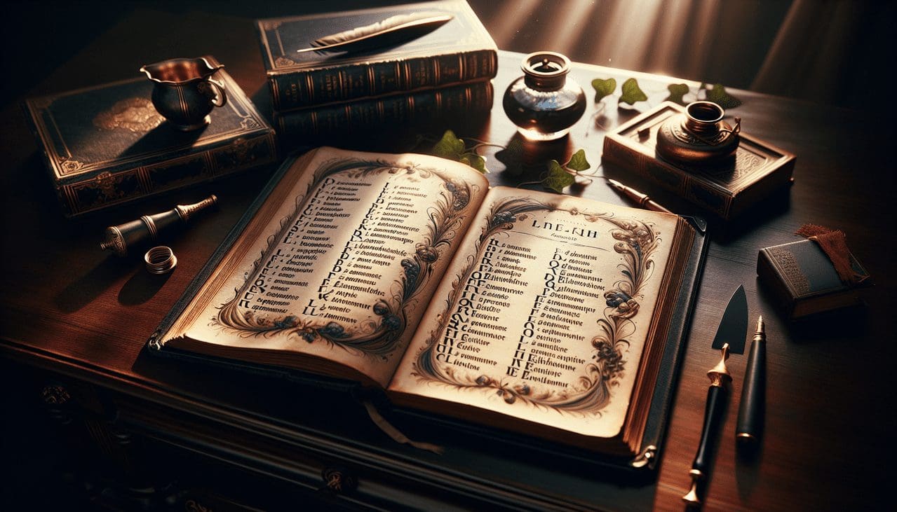 Affiche adjectifs en I dans livre vintage sur bureau acajou : ambiance chaleureuse et inspirante.