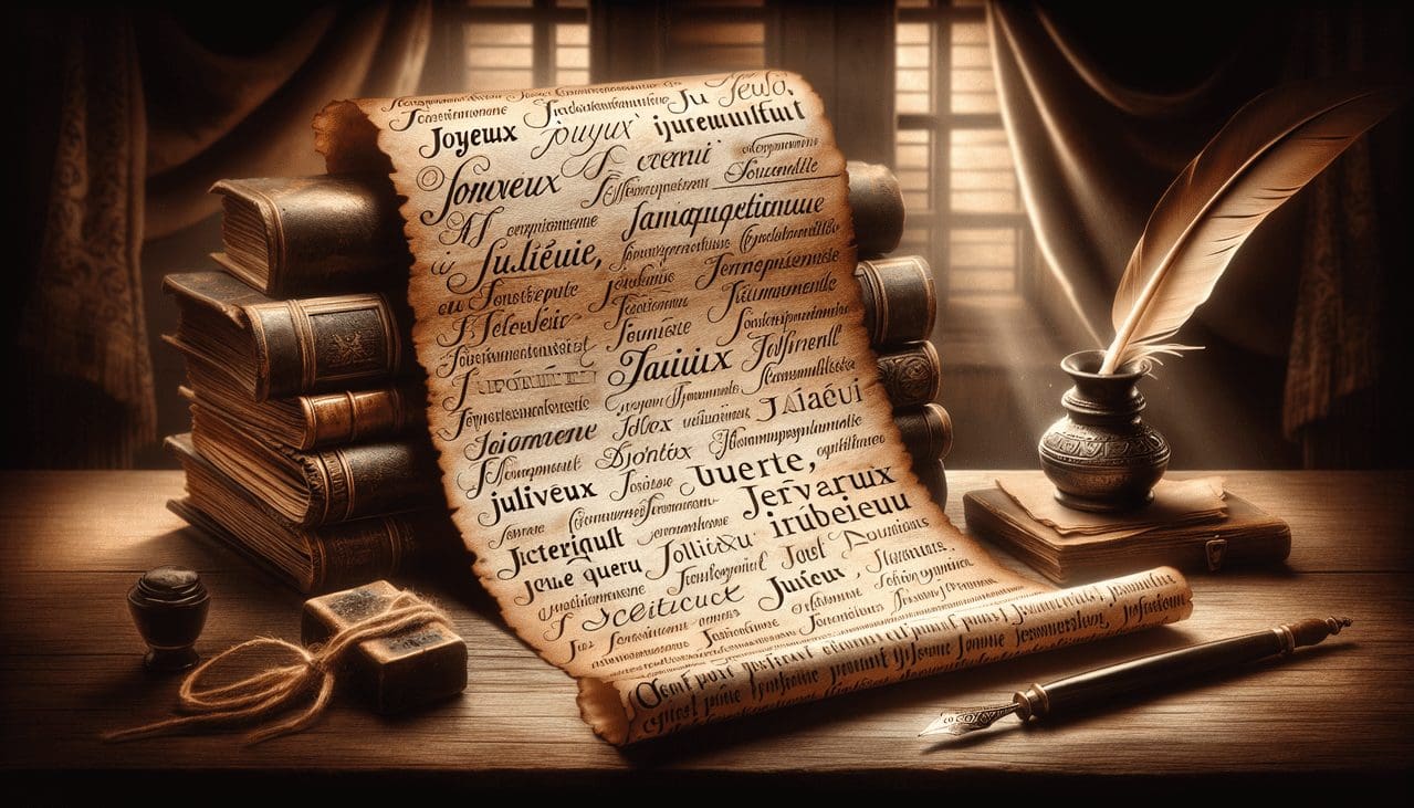 Affiche : Adjectifs en J calligraphiés sur parchemin ancien.