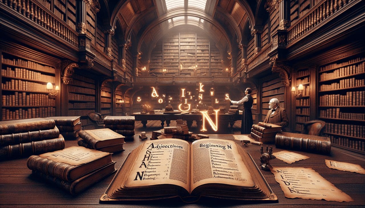 Adjectif en N dans un dictionnaire ancien entouré d'adjectifs commençant par la lettre N, avec bibliothèque et personnages.