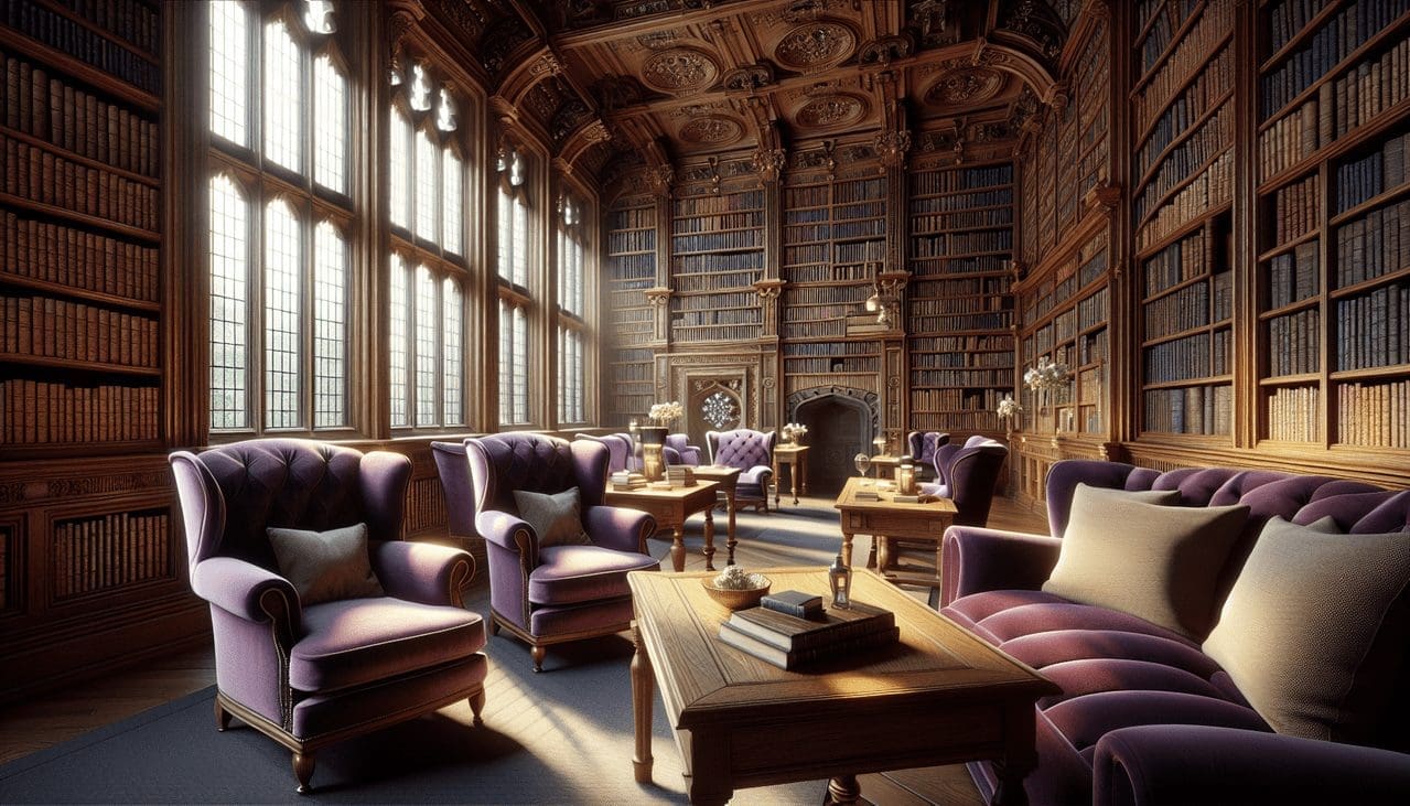Adjectif en P, atmosphère paisible d'une bibliothèque luxueuse aux fauteuils violets, étagères garnies de livres, tables en bois brillantes et grande fenêtre laissant entrer la lumière.