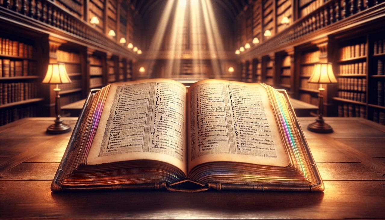 Adjectif en T sur pages de livre vintage colorées dans atmosphère de bibliothèque traditionnelle.