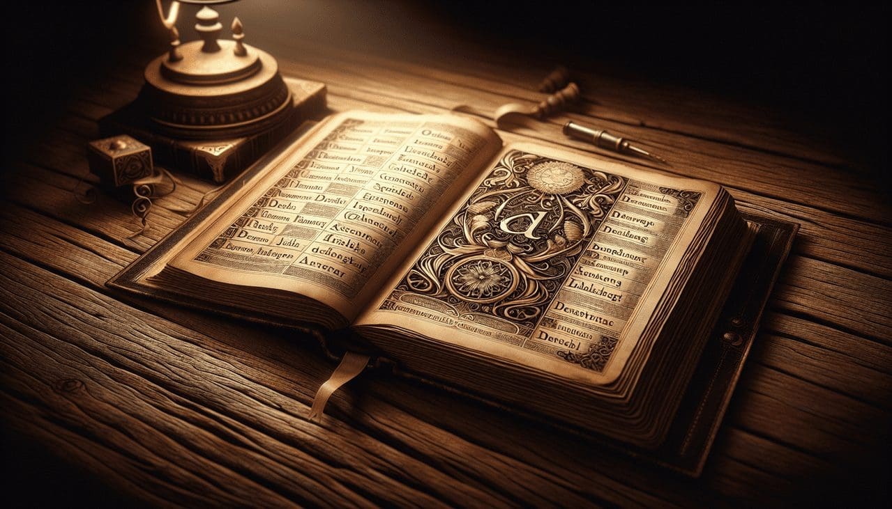 Illustrations artistiques d'adjectifs en U dans un livre vintage.