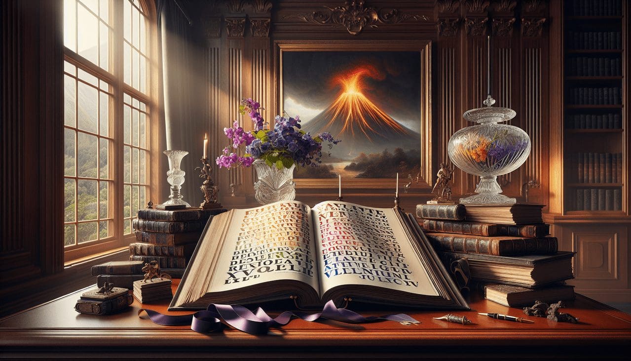 Affichez "Adjectif en V" en calligraphie élégante parmi des objets vifs commençant par V.