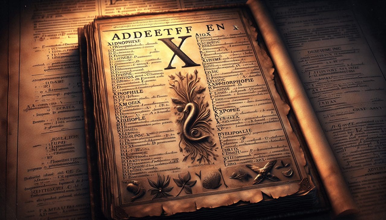 Adjectif en X sur page de dictionnaire en parchemin, lettrage calligraphié, illustré de "xiphophore" et de "xylitol".